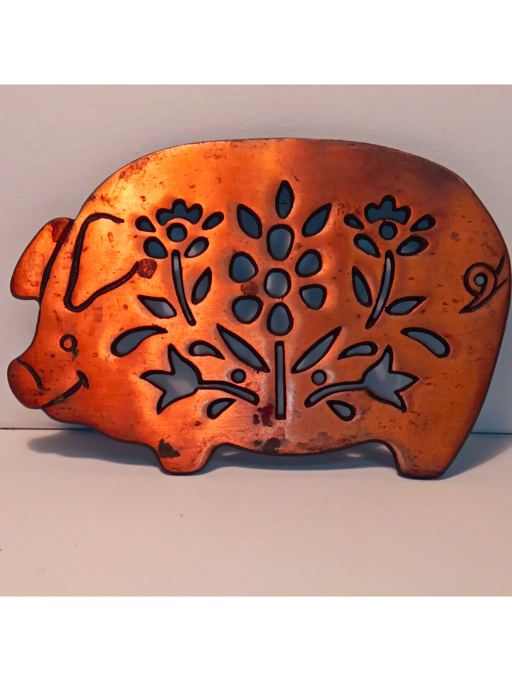 Copper Metal Pig Wall Plaque/Trivet Rustic Floral Cutout Hanging Wall Mounted